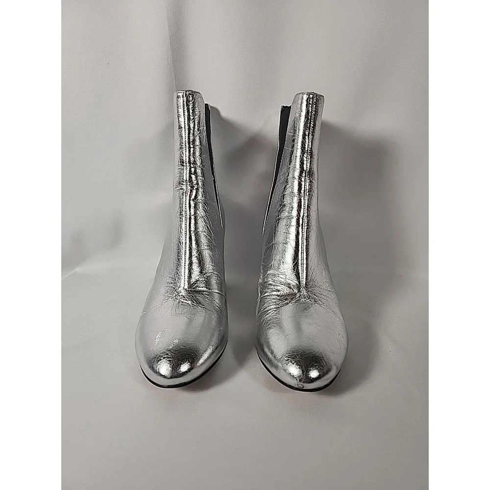 REBECCA MINKOFF Silver Serena Block Heel Slip On Leather Chelsea Booties Women 6